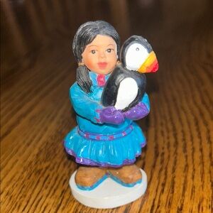 Native American Girl Figurine Holding Puffin Inuit Alaskan
